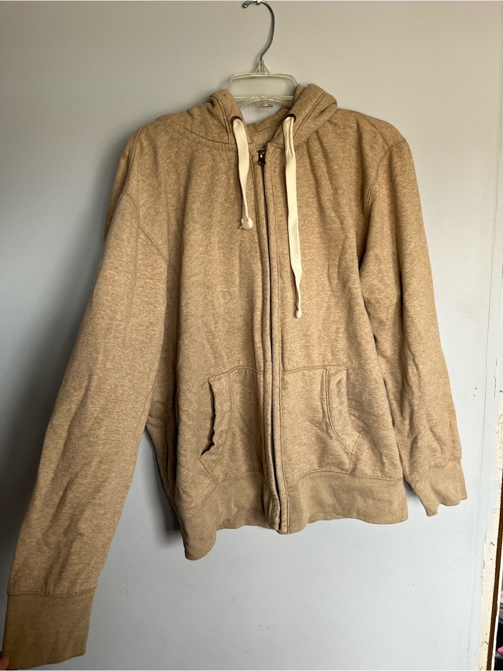 Light Brown Zip-Up Hoodie with Drawstring